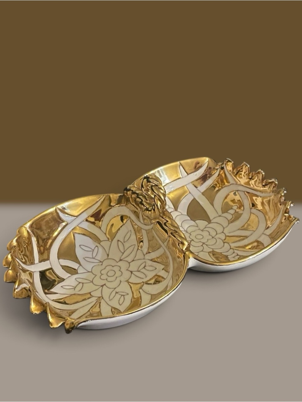 Mid - Century 22K Gold Encrusted Divided Candy Dish / Relish Bowl Italy